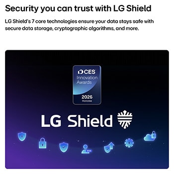 Systém LG Shield, použitý v modelu LG Micro RGB evo AI MRGB95, je vyobrazen logem LG Shield uprostřed, ikonami zabezpečení dole a odznakem 2026 CES Innovation Awards Honoree nahoře, které symbolizují ochranu dat a systému. 