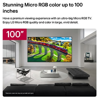 LG Micro RGB evo AI MRGB95 s úhlopříčkou až 100" je namontován na stěně v prostorném moderním obývacím pokoji. Zobrazuje živou, barevnou krajinu, která zdůrazňuje syté barvy a jemné detaily a pozvedá úroveň interiéru. 