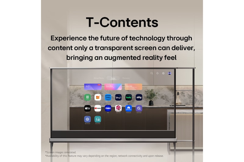LG SIGNATURE OLED T s domovskou obrazovkou LG webOS. Protože je TV v průhledném režimu, uživatelské rozhraní vypadá, jako by se vznášelo a splývalo s realitou. Popisek zní: T-Contents, určeno pro transparentní obrazovky, aby splynuly s realitou.
