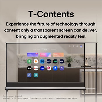 LG SIGNATURE OLED T s domovskou obrazovkou LG webOS. Protože je TV v průhledném režimu, uživatelské rozhraní vypadá, jako by se vznášelo a splývalo s realitou. Popisek zní: T-Contents, určeno pro transparentní obrazovky, aby splynuly s realitou.  