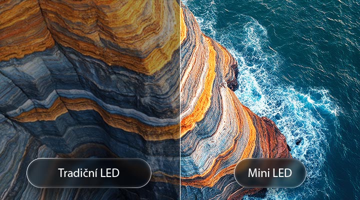 LG QNED evo AI QNED80 Mini LED vyzdvihuje, jak jeho technologie Mini LED odhaluje ostřejší textury skal a jasnější detaily oceánu než konvenční LED v rozdělené scéně pobřežního útesu, poskytuje hlubší černou barvu a jemnější kontrast pro větší čistotu a hloubku.