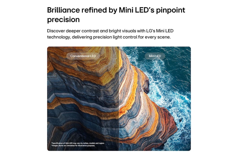 LG QNED evo AI QNED80 Mini LED vyzdvihuje, jak jeho technologie Mini LED odhaluje ostřejší textury skal a jasnější detaily oceánu než konvenční LED v rozdělené scéně pobřežního útesu, poskytuje hlubší černou barvu a jemnější kontrast pro větší čistotu a hloubku.
