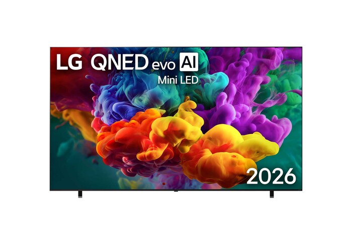 Pohled zepředu na LG QNED evo AI QNED87/86/85 Mini LED, uvedený na trh v roce 2026, zaplňuje obrazovku živými, plynulými výbuchy barevných pohybů připomínajících malbu, přičemž husté mraky barev se plynule mísí po celé ploše displeje.