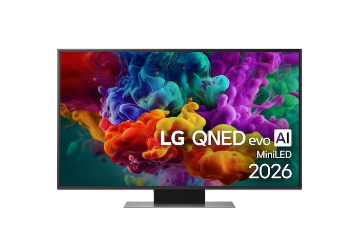 Pohled zepředu na LG QNED evo AI QNED87/86/85 Mini LED, uvedený na trh v roce 2026, zaplňuje obrazovku živými, plynulými výbuchy barevných pohybů připomínajících malbu, přičemž husté mraky barev se plynule mísí po celé ploše displeje.
