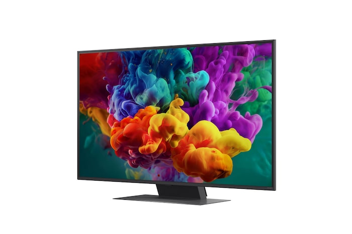 LG QNED evo AI QNED87/86/85 Mini LED vyobrazený zepředu a z boku má 50" displej s šířkou 1123 mm, výškou obrazovky 652 mm, výškou se stojanem 720 mm, hloubkou profilu 29,7 mm a půdorysem stojanu 941 x 257 mm.