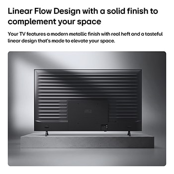 LG QNED AI QNED70 Mini LED is shown from the back, revealing a metallic rear panel with evenly spaced horizontal ridges that create a clean, structured look and emphasize the Linear Flow Design across the entire surface.
