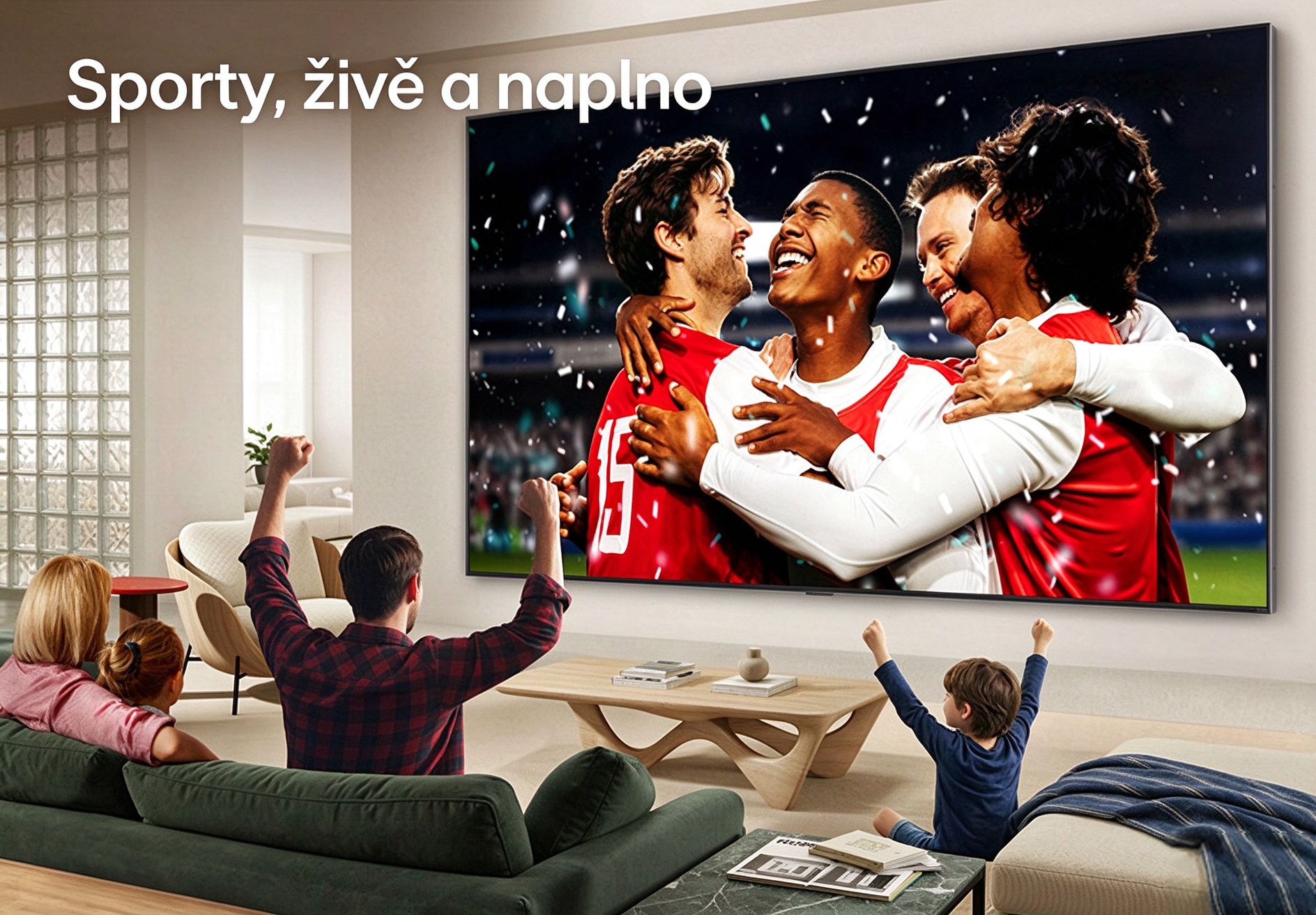 LG Ultra Big TV, namontovaný na stěně v jasném obývacím pokoji, ukazuje oslavu Sports na stadionu s živými barvami a vylepšenou kvalitou obrazu na široké obrazovce, zatímco rodina sedící na pohovkách společně jásá.