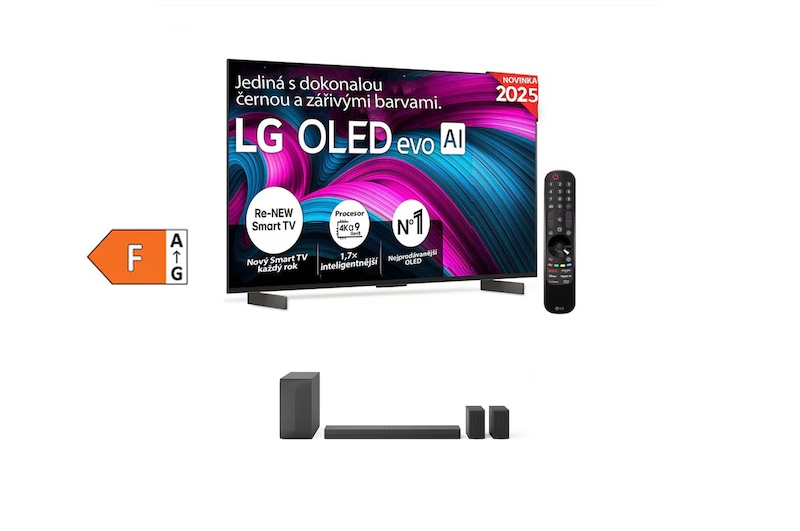 Čelní pohled na SET - LG OLED evo AI C5 4K Smart TV 2025 + 5.1 kanálový LG Soundbar se zadními reproduktory S60TR OLED42C5E.S60TR