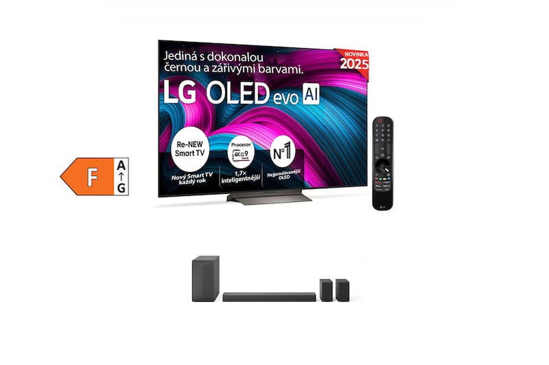 Čelní pohled na SET - LG OLED evo AI C5 4K Smart TV 2025 + 5.1 kanálový LG Soundbar se zadními reproduktory S60TR OLED48C5E.S60TR