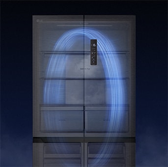 LG Multi-Door-Kühlschrank mit blauem Luftstrom im Inneren zur Veranschaulichung der Technologie für Kühlzirkulation.