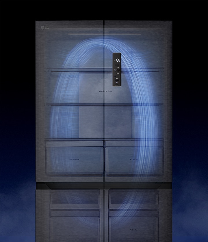 LG Multi-Door-Kühlschrank mit blauem Luftstrom im Inneren zur Veranschaulichung der Technologie für Kühlzirkulation.