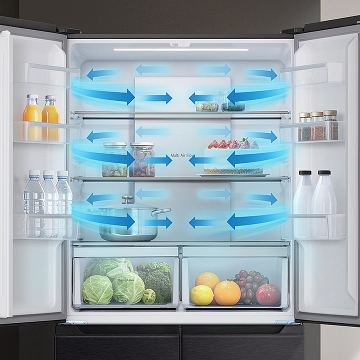Geöffneter LG Multi-Door-Külschrank mit Multi Air Flow System zeigt die Zirkulation kühler Luft zwecks gleichmäßiger Temperaturverteilung.
