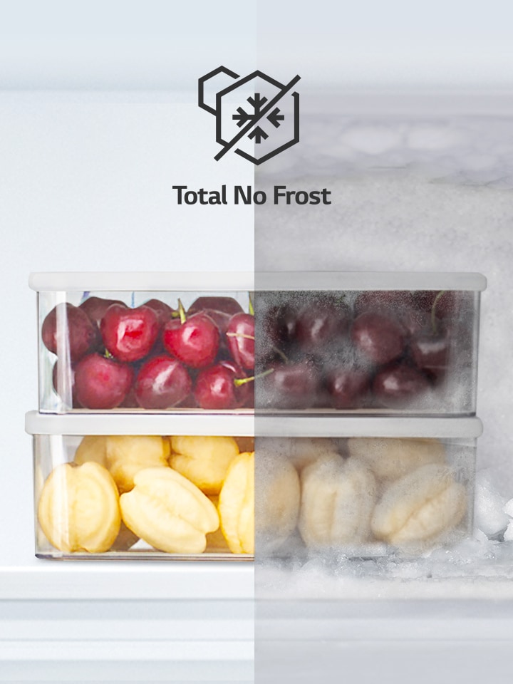 Vergleich von „Total No Frost“ mit frischen Lebensmitteln auf der frostfreien Seite und Ablagerungen von Eis auf der nicht frostfreien Seite des Gefrierschranks.