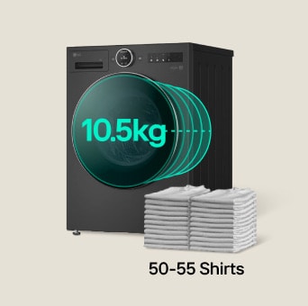 LG 10,5 kg schwarze Waschmaschine mit „10,5 kg“ auf der Vorderseite. Gestapelte Hemden neben der Maschine verdeutlichen ihre Fähigkeit, 50 bis 55 Hemden in einer Ladung zu handhaben.
