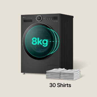 LG 8 kg schwarze Waschmaschine mit „8 kg“ auf der Vorderseite. Gestapelte Hemden neben der Maschine veranschaulichen ihre Fähigkeit, bis zu 30 Hemden in einer Ladung zu verarbeiten.