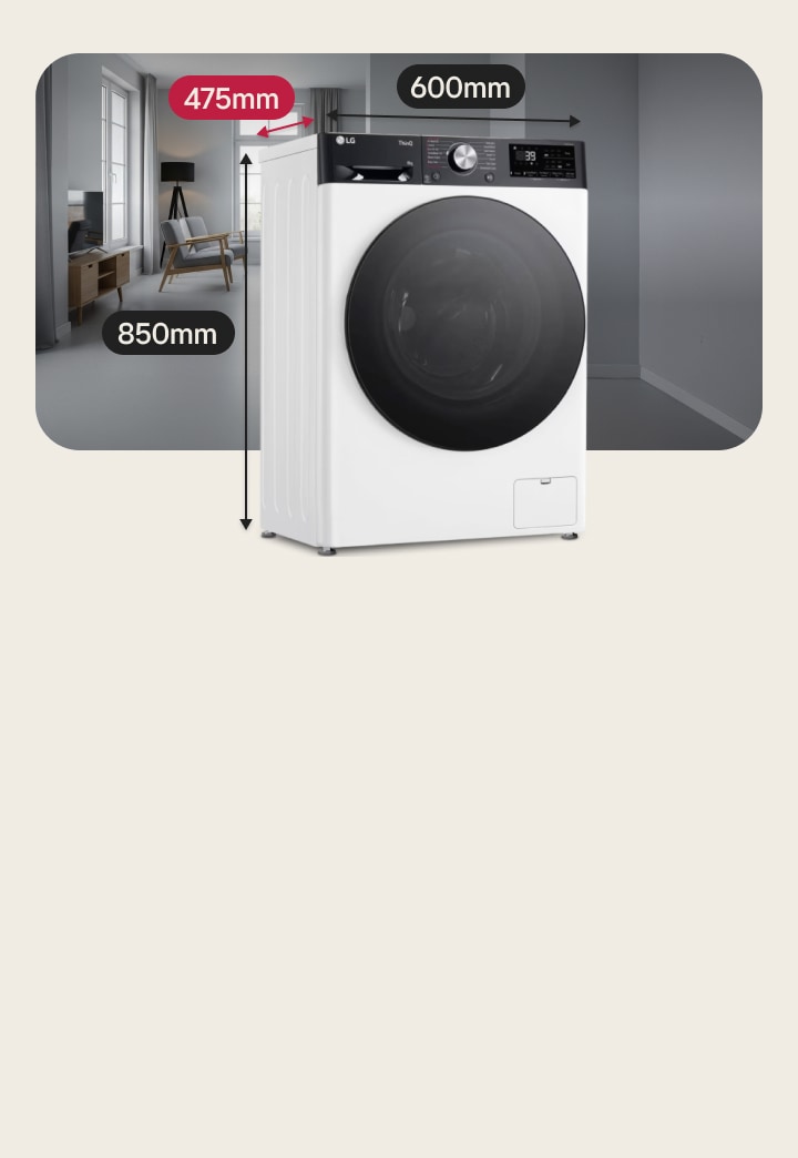 Kompakte LG Waschmaschinenabmessungen mit einer Tiefe von 475 mm für enge Räume.
