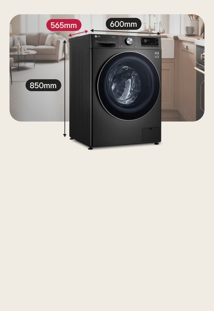 LG mittelgroße Waschmaschine in Schwarz mit 565 mm Tiefe für Standardküchen.