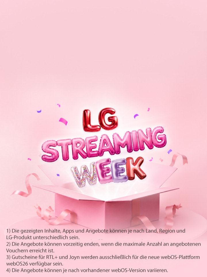 Ein farbenfroher Schriftzug im Ballon-Stil mit der Aufschrift „LG Streaming Week" ragt aus einer offenen, rosafarbenen Geschenkbox empor, umgeben von Bändern und Konfetti vor einem zartrosa Hintergrund.