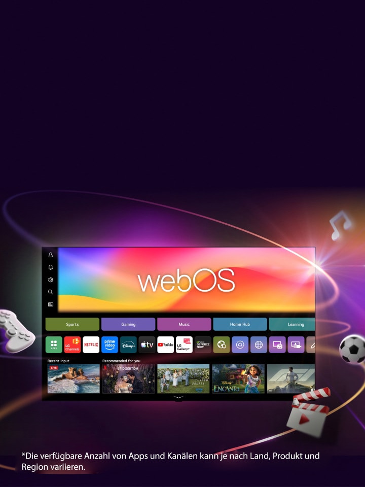 LG Smart TV zeigt webOS-Startbildschirm mit Entertainment-Apps und LG Channels UI-Elementen an, die sich dynamisch nach außen ausdehnen und mehr als 4.000 globale Apps und Kanäle hervorheben.