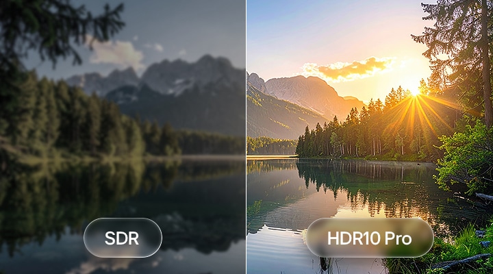 Der LG SMART TV AI LB65 FHD TV hebt HDR10 Pro anhand eines geteilten Bildes mit See- und Bergkulisse hervor und zeigt im Vergleich von SDR und HDR10 Pro hellere Highlights, tiefere Schatten und einen feineren Kontrast.