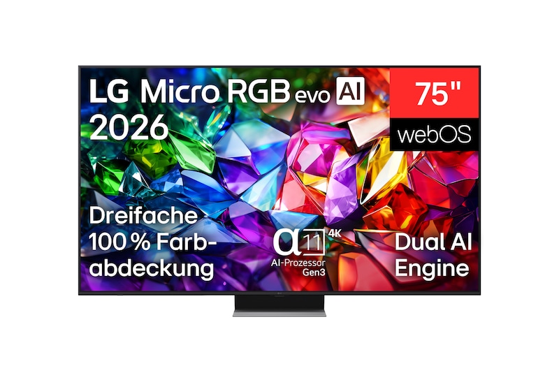 Vorderseite von 75 Zoll LG Micro RGB evo AI MRGB96 4K Smart TV 2026  75MRGB96B9B