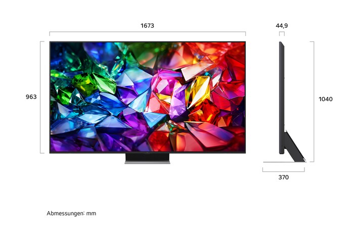 Der LG Micro RGB evo AI MRGB96, gezeigt in Vorder- und Seitenansicht, verfügt über ein 86/75-Zoll-Display mit einer Bildschirmbreite von 2230 mm, einer Bildschirmhöhe von 1277 mm, einer Höhe von 1374 mm mit Standfuß, einer Tiefe von 49,9 mm und einer Standfläche von 1725 x 415 mm.