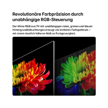 Der LG Micro RGB evo AI MRGB96, unterstützt von RGB Primary Color Ultra, zeigt ein Blumenbild auf dem Bildschirm mit präzise gesteuertem rotem, grünem und blauem Licht von verschiedenen Micro RGB-Engines für ausgewogene Farbe und raffinierten Kontrast. 