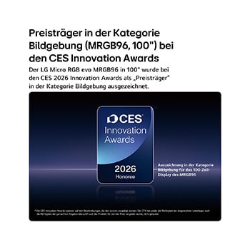Emblem „2026 CES Innovation Awards Honoree“ in der Kategorie Bildgebung für das 100-Zoll-Display MRGB96