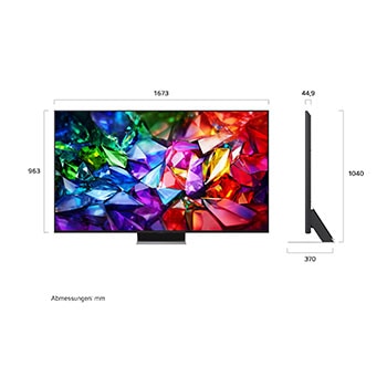 Der LG Micro RGB evo AI MRGB96, gezeigt in Vorder- und Seitenansicht, verfügt über ein 86/75-Zoll-Display mit einer Bildschirmbreite von 2230 mm, einer Bildschirmhöhe von 1277 mm, einer Höhe von 1374 mm mit Standfuß, einer Tiefe von 49,9 mm und einer Standfläche von 1725 x 415 mm.