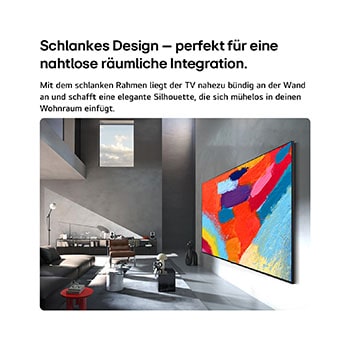 Der LG Micro RGB evo AI MRGB96 ist in einem geräumigen, schwarzen Raum nahtlos an der Wand montiert. Es zeigt auffällige Kunstwerke in lebendigen Farben, die mit dem umgebenden Raum harmonieren. 