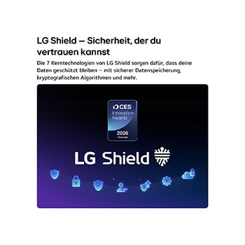 Der LG Shield, angewendet auf dem LG Micro RGB evo AI MRGB96, wird mit einem LG Shield-Logo in der Mitte, Sicherheitssymbolen darunter und einem 2026 CES Innovation Awards Honoree-Emblem darüber gezeigt, das für Daten- und Systemschutz steht. 