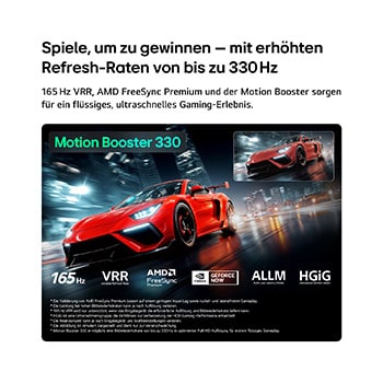 Der LG Micro RGB evo AI MRGB96 mit Ultimate Gameplay präsentiert eine dynamische, rasante Rennszene mit einem unscharfen Vergleichsbild, das den Motion Booster 330 hervorhebt. Es unterstützt außerdem 165 Hz, VRR, AMD FreeSync, ALLM, HGiG und GeForce NOW. 