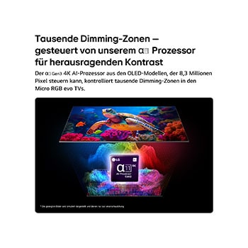 Der LG Micro RGB evo AI MRGB96 mit Micro Dimming Ultra zeigt eine lebendige Meeresszene mit präziser Farbtrennung über mehr als 8,3 Millionen Pixel, verstärkt durch Tausende von Dimmzonen, unterstützt vom alpha 11 Gen3 4K AI-Prozessor. 