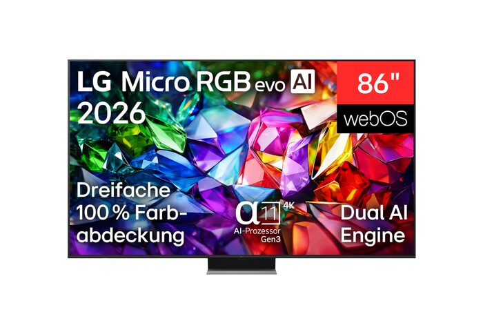 Die Vorderansicht des LG Micro RGB evo AI MRGB96 zeigt ein lebendiges, kristallines Bild von scharf definierten roten, grünen und blauen Facetten mit 100-Zoll-Display, webOS, RGB Primary Color Ultra und alpha 11 Gen3 4K AI-Prozessor.