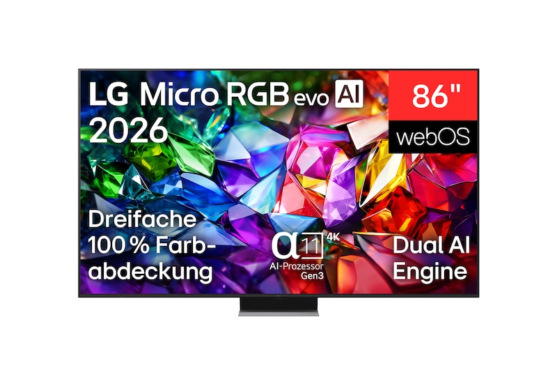 Vorderseite von 86 Zoll LG Micro RGB evo AI MRGB96 4K Smart TV 2026  86MRGB96B9B