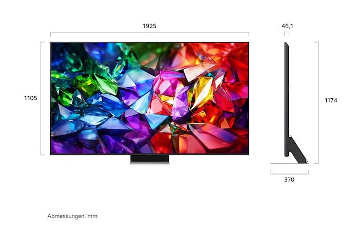 Der LG Micro RGB evo AI MRGB96, gezeigt in Vorder- und Seitenansicht, verfügt über ein 86/75-Zoll-Display mit einer Bildschirmbreite von 2230 mm, einer Bildschirmhöhe von 1277 mm, einer Höhe von 1374 mm mit Standfuß, einer Tiefe von 49,9 mm und einer Standfläche von 1725 x 415 mm.
