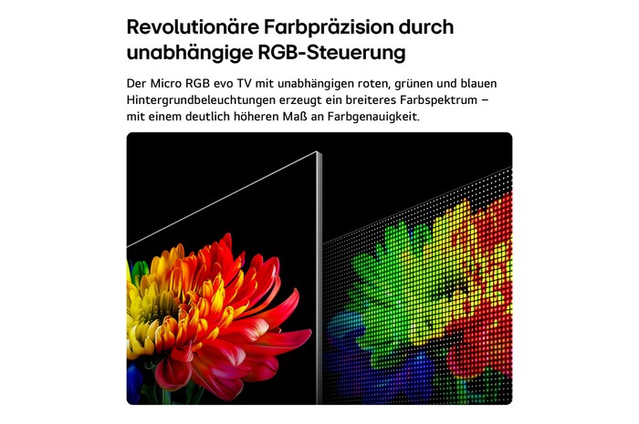 Der LG Micro RGB evo AI MRGB96, unterstützt von RGB Primary Color Ultra, zeigt ein Blumenbild auf dem Bildschirm mit präzise gesteuertem rotem, grünem und blauem Licht von verschiedenen Micro RGB-Engines für ausgewogene Farbe und raffinierten Kontrast.