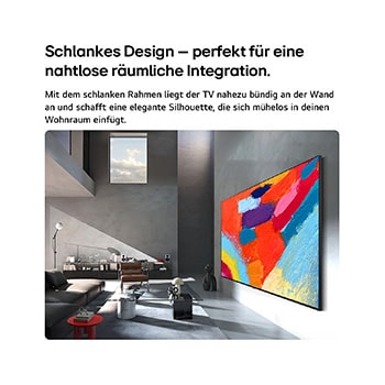 Der LG Micro RGB evo AI MRGB96 ist in einem geräumigen, schwarzen Raum nahtlos an der Wand montiert. Es zeigt auffällige Kunstwerke in lebendigen Farben, die mit dem umgebenden Raum harmonieren. 