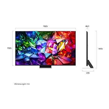 Der LG Micro RGB evo AI MRGB96, gezeigt in Vorder- und Seitenansicht, verfügt über ein 86/75-Zoll-Display mit einer Bildschirmbreite von 2230 mm, einer Bildschirmhöhe von 1277 mm, einer Höhe von 1374 mm mit Standfuß, einer Tiefe von 49,9 mm und einer Standfläche von 1725 x 415 mm.