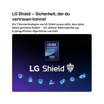 Der LG Shield, angewendet auf dem LG Micro RGB evo AI MRGB96, wird mit einem LG Shield-Logo in der Mitte, Sicherheitssymbolen darunter und einem 2026 CES Innovation Awards Honoree-Emblem darüber gezeigt, das für Daten- und Systemschutz steht. 