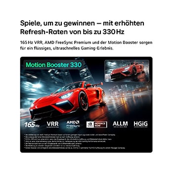 Der LG Micro RGB evo AI MRGB96 mit Ultimate Gameplay präsentiert eine dynamische, rasante Rennszene mit einem unscharfen Vergleichsbild, das den Motion Booster 330 hervorhebt. Es unterstützt außerdem 165 Hz, VRR, AMD FreeSync, ALLM, HGiG und GeForce NOW. 