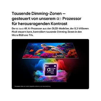 Der LG Micro RGB evo AI MRGB96 mit Micro Dimming Ultra zeigt eine lebendige Meeresszene mit präziser Farbtrennung über mehr als 8,3 Millionen Pixel, verstärkt durch Tausende von Dimmzonen, unterstützt vom alpha 11 Gen3 4K AI-Prozessor. 