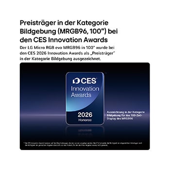 Emblem „2026 CES Innovation Awards Honoree“ in der Kategorie Bildgebung für das 100-Zoll-Display MRGB96