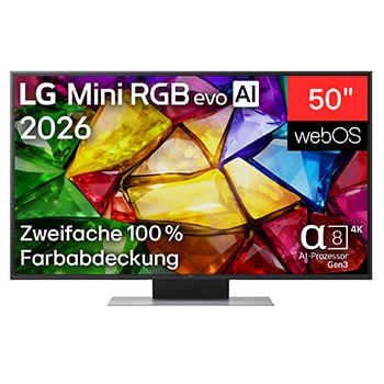 Vorderseite von 50" Zoll LG Mini RGB evo AI MRGB88 4K Smart TV 2026 50MRGB88B9B