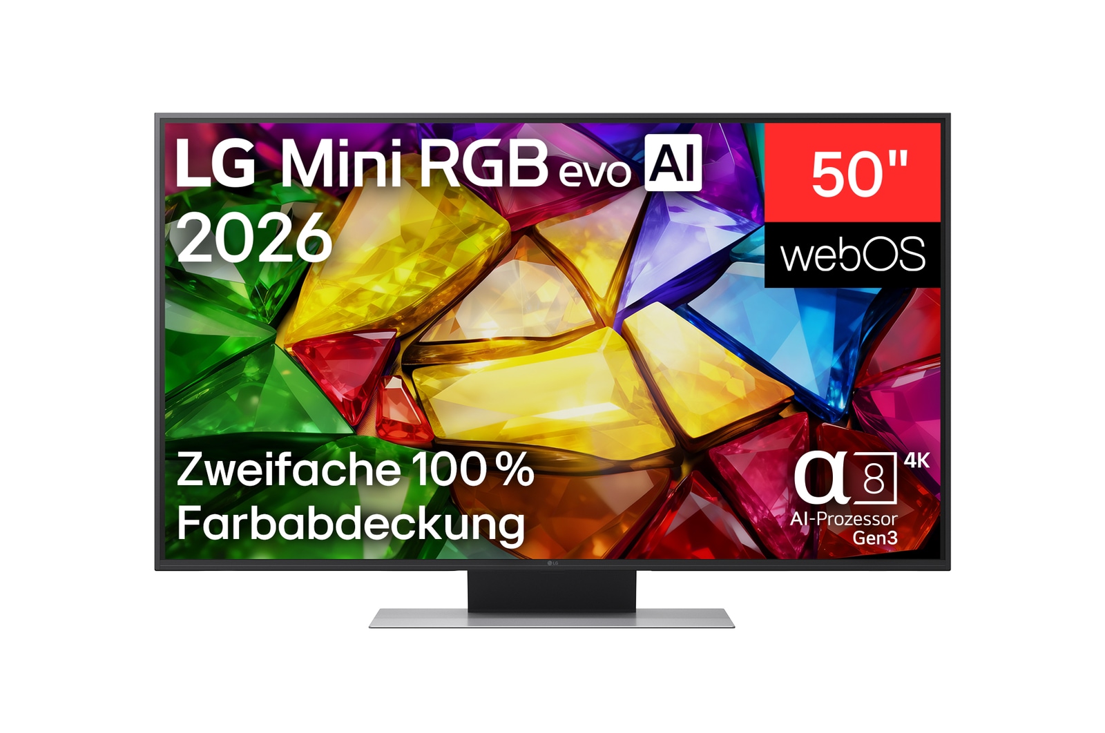 Vorderseite von 50 "Zoll LG Mini RGB evo AI MRGB87B 4K Smart TV 2026 50MRGB87B9B