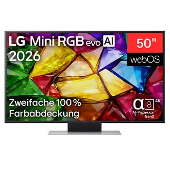 Vorderseite von 50 "Zoll LG Mini RGB evo AI MRGB87B 4K Smart TV 2026 50MRGB87B9B