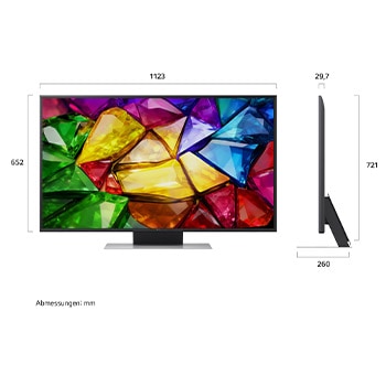 Das LG Mini RGB evo AI MRGB85, gezeigt in Vorder- und Seitenansicht, verfügt über ein 75-Zoll-Display mit einer Bildschirmbreite von 1677 mm, einer Bildschirmhöhe von 966 mm, einer Höhe von 1032 mm mit Standfuß, einer Tiefe von 51,6 mm und einer Standfläche von 1499 x 359 mm.