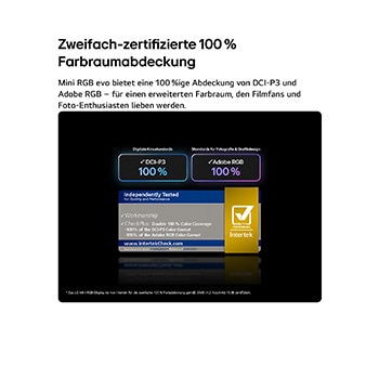 Das LG Mini RGB evo AI MRGB85 mit RGB Primary Color Pro bietet 100 % Farbabdeckung von DCI-P3 und Adobe RGB, zertifiziert von Intertek.