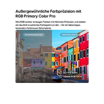 RGB Primary Color Pro, das im LG Mini RGB evo AI MRGB85 verwendet wird, verfügt über ein geteiltes Bild, das herkömmliche LED-Farben auf der linken Seite mit helleren, satteren Gebäuden auf der rechten Seite vergleicht und dabei die 100 % DCI-P3- und Adobe-RGB-Abdeckung hervorhebt.