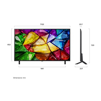 Das LG Mini RGB evo AI MRGB85, gezeigt in Vorder- und Seitenansicht, verfügt über ein 75-Zoll-Display mit einer Bildschirmbreite von 1677 mm, einer Bildschirmhöhe von 966 mm, einer Höhe von 1032 mm mit Standfuß, einer Tiefe von 51,6 mm und einer Standfläche von 1499 x 359 mm.